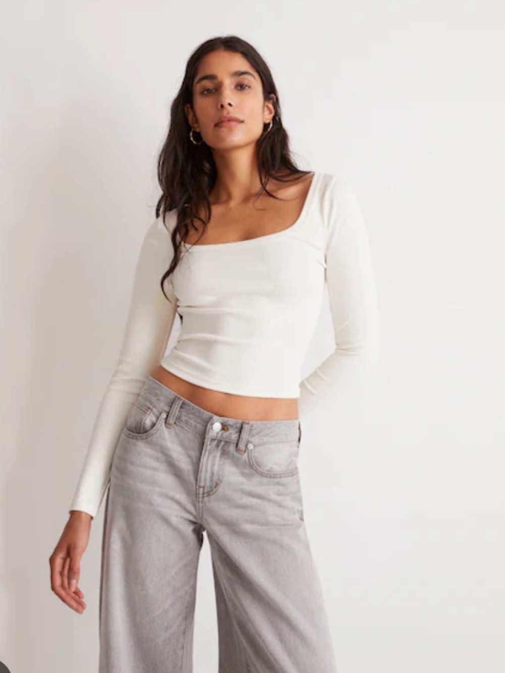 Madewell White Ribbed Scoop-Neck Long Sleeve Top